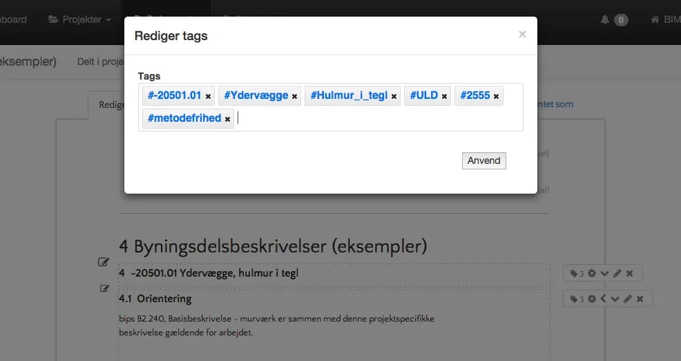 screenshot fra BIM Shark hvor brugeren nemt kan indsætte sit eget valgfrie nøgleord på et specifikt afsnit og derved kunne henvise til dette/de afsnit med samme nøgleord fra fx Revit