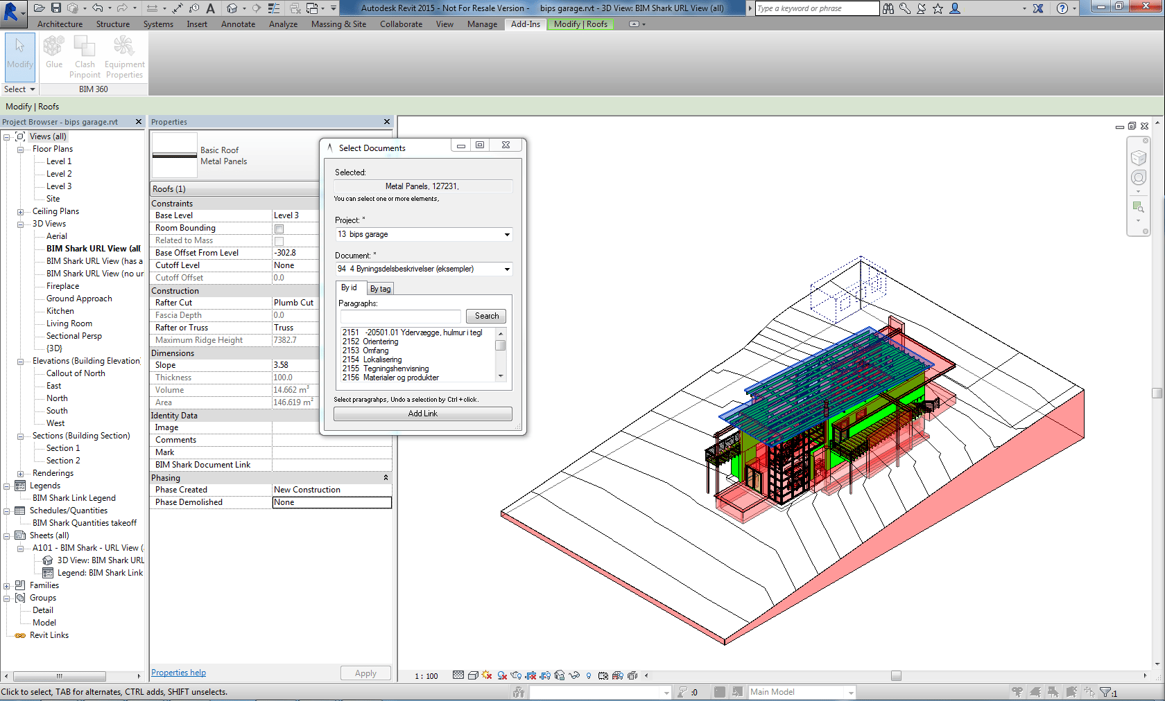 Her ses hvordan der i Revit kan linkes til alle afsnit med det bestemte tag. I dette tilfælde er DBK-koder brugt som tags