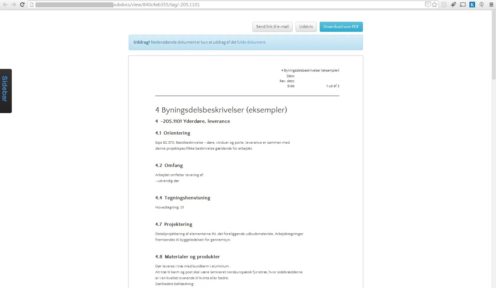 Her ses det udgivne dokument/afsnit som objektet linker til