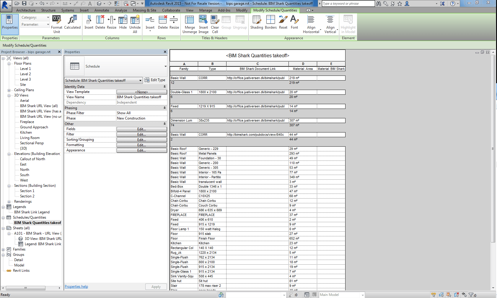 I Revit kan det sikres at alle objekter får tildelt en beskrivelse via fx et skema. I dette eksempel anvendes et material takeoff, som lister alle objekter i Revit modellen, som indeholder et materiale (alt 3d)